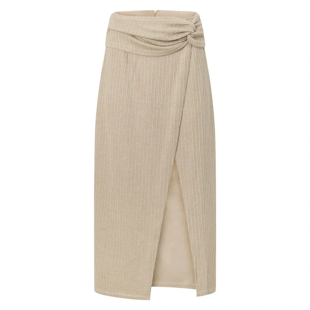 NWT SABO Nina Boho Knot-Front Ribbed Knit Hight Waisted Beige Split Maxi Skirt - Picture 6 of 14